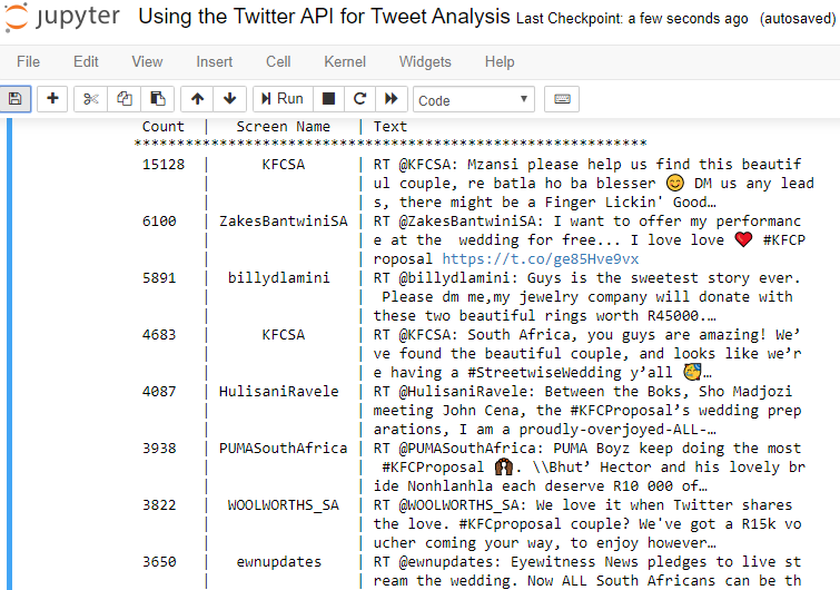nvlqip's tweet image. Using Python to find 10 most popular retweets for a certain trend... #KFCProposal #UCSDPython4DS @ilkayaltintas