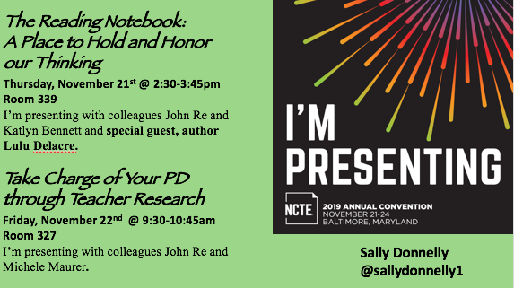 SallyDonnelly1's tweet photo. I'm getting excited about #NCTE19
I'm presenting with
amazing author @LuluDelacre
and collegues
@MrsBennettELA
@DiscoveryLibr
@Fleet_ITC
@APSVirginia #apsreadingnotebooks
#apsTeacherResearch https://t.co/eR36KQem82