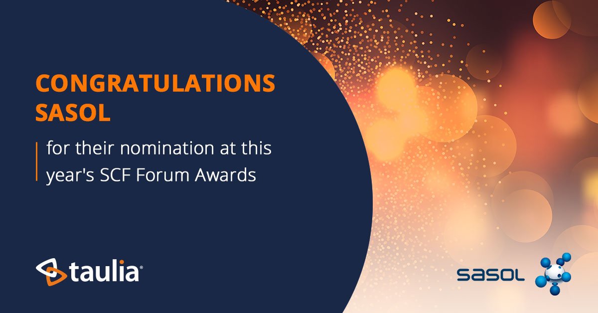 taulia's tweet photo. Congratulations to Sasol for their nomination for an SCF Award at this year's SCF Forum Europe! #scfeurope https://t.co/iZ9ua2YQKh