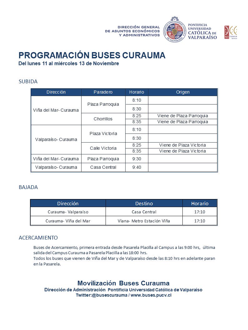 Estimados 
Se informa programación de horarios buses Curauma para  los días 11, 12 y 13 de noviembre.