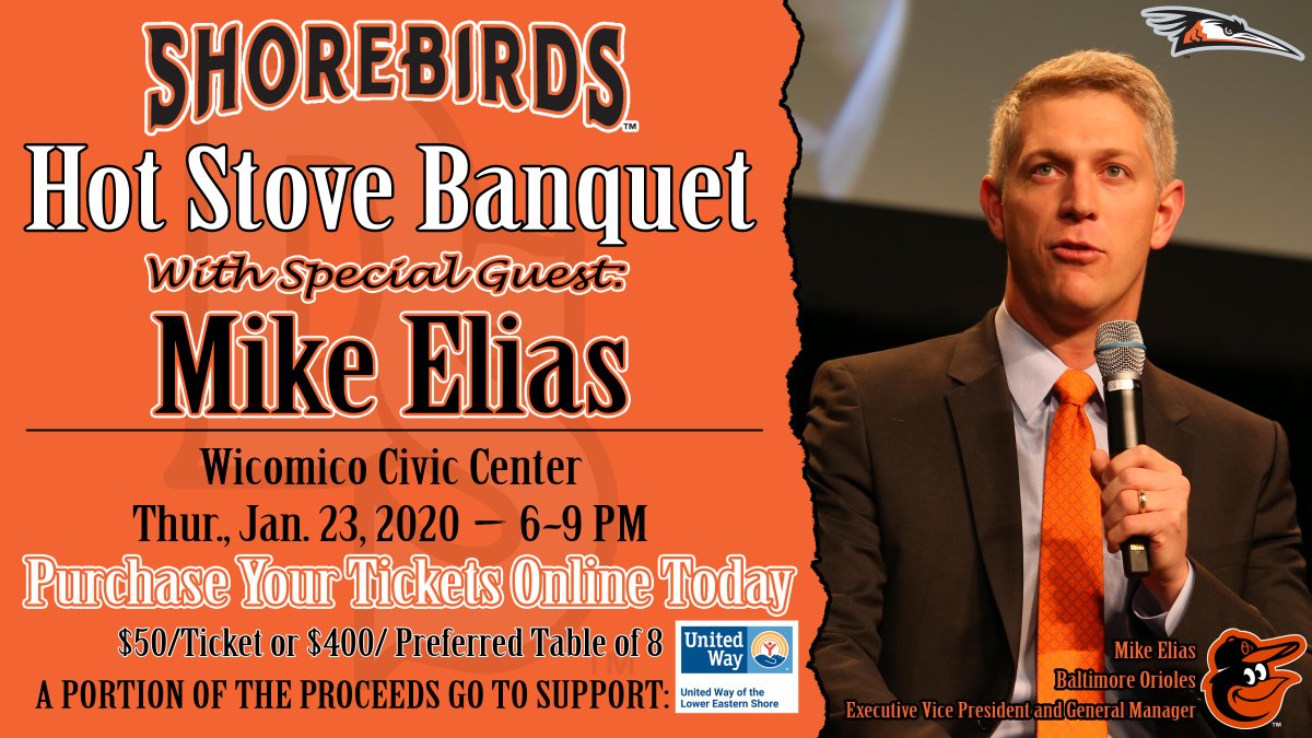 shorebirds's tweet photo. BREAKING NEWS: @Orioles GM @MElias will be the keynote speaker at the 19th annual Shorebirds Hot Stove Banquet on Thursday, January 23! 

TICKETS: https://t.co/BpRID6cmoK

READ MORE: https://t.co/tTeH0lWpaC

#FlyTogether | #Birdland https://t.co/z20pkcSsnq
