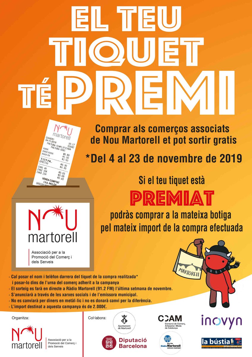 NouMartorell's tweet photo. El teu tiquet té premi!

En marxa la campanya 'El teu tiquet té premi' dels establiments de Nou Martorell. Fins al 23 de novembre, comprant als comerços associats, la segona compra pel mateix import et pot sortir gratis. + info al cartell, botigues i a les xarxes socials. https://t.co/HjqHHDgQgu