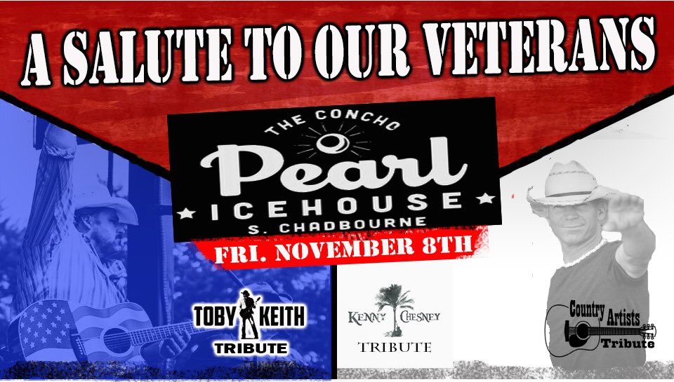 CntryArtistTrib's tweet photo. Tonight! A Salute To our US Veterans with tributes to Kenny Chesney and Toby Keith LIVE at @TheConchoPearl in San Angelo TX! $15 cover tickets available at the door. We’re on at 9!

https://t.co/Wo0dASOpIV https://t.co/xUi1nUp07v