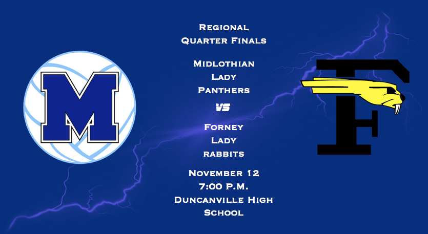 MISD_Athletics's tweet photo. PANTHER VOLLEYBALL ROUND #3
Regional QuarterFinal
vs. Forney Jackrabbits
Tuesday, Nov 12 @ 7pm
at Duncanville HS
LET'S CHEER ON OUR PANTHERS TO THE REGIONAL TOURNAMENT! 
ARRIVE EARLY! MAKE NOISE! WEAR BLUE! #blueout #panthernation #roadtostate #playoffs #gopanthers https://t.co/pdmiJtI59E