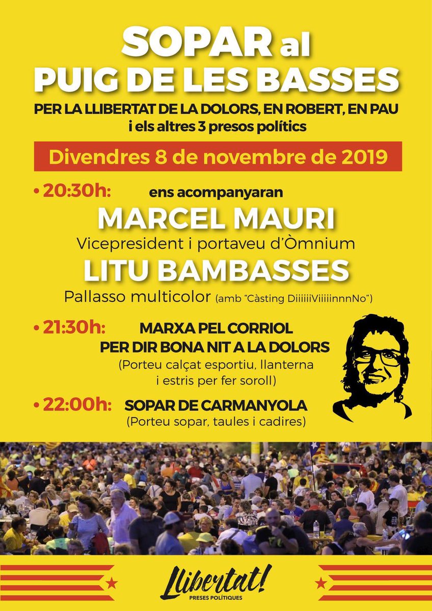 FreeBassac's tweet photo. 📢 Avui ens concentrem a la pressó de Puig de les Basses per exigir la llibertat de la @dolorsbassac, en Robert, en Pau i els altres 3 presos polítics!

Us hi esperem! 

#LlibertatPresesPolítiques https://t.co/LzU9x8nVwQ