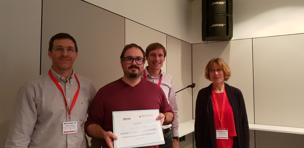 nanoGe_Conf's tweet photo. 🏆#NFM19 Joachim Breternitz wins the award for the best #PERFuDe19 talk sponsored by @ACSEnergyLett. His work focuses on Crystallography of Hybrid Halide #Perovskites⬇️ https://t.co/sOV7o3lwAF