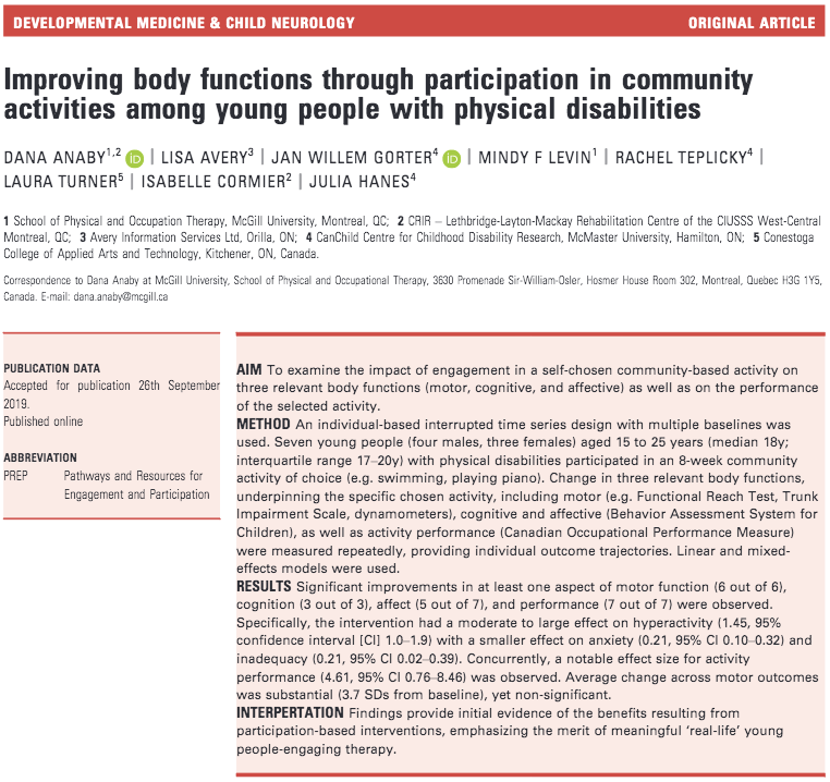 New from #McGillSPOT Profs Dana Anaby, Mindy Levin & colleagues: Improving #bodyfunctions through #participation in #community #activities among #youngpeople with #physicaldisabilities bit.ly/34GupsR @dana_anaby @Dr_Gorter @RTeplicky @canchild_ca @crirmtl @ConestogaC