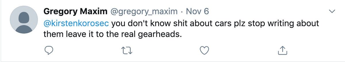 Love the video @alanisnking and @KristenLee. I get mix of criticism and the occasionally "ur a cunt" statement, but I've recently discovered that it really pisses people off when I write about manual transmissions (one fun one) Wait 'til they learn I drive one too. 🤯🤯🤯🤯https://twitter.com/Jalopnik/status/1192804262981619712 …