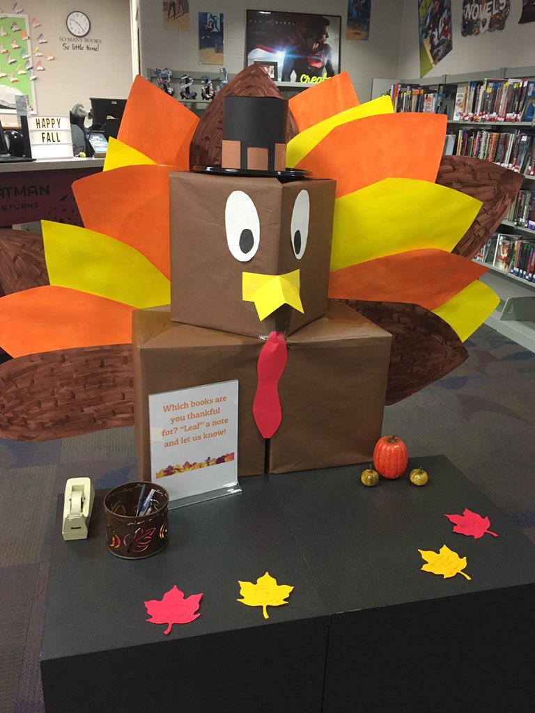 library_rsms's tweet image. Crazy Webster, the RSMS Turkey, has landed in the library. Stop by and “leaf” him a note, telling him a book you are thankful for. #RSMSrocks #whatwedo #rsmslibrary