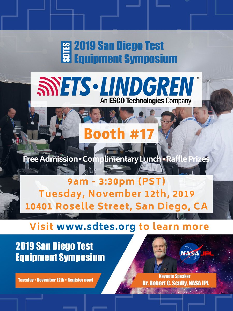 SDTestEquipSym's tweet photo. @ETSLindgren will be exhibiting at the 2019 San Diego Test Equipment Symposium. Register today: https://t.co/69DXMjjF0s 

#SDTES https://t.co/6alok34sap