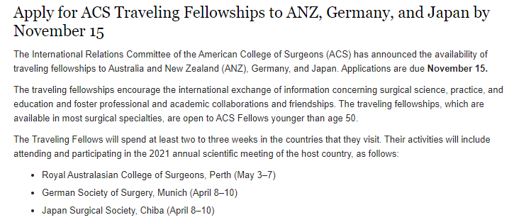 .<a href="/AmCollSurgeons/">American College of Surgeons</a> International Relations Committee offers traveling scholarships to Australia or New Zealand, Germany, and Japan. These are great opportunities for @yfaacs to gain experience internationally. Apply by 15 Nov bit.ly/2Q29lJk