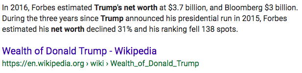 Wikipedia: Wealth of Donald Trump page saying that Trump was worth $3.7B and Bloomberg $3.1B in 2016 