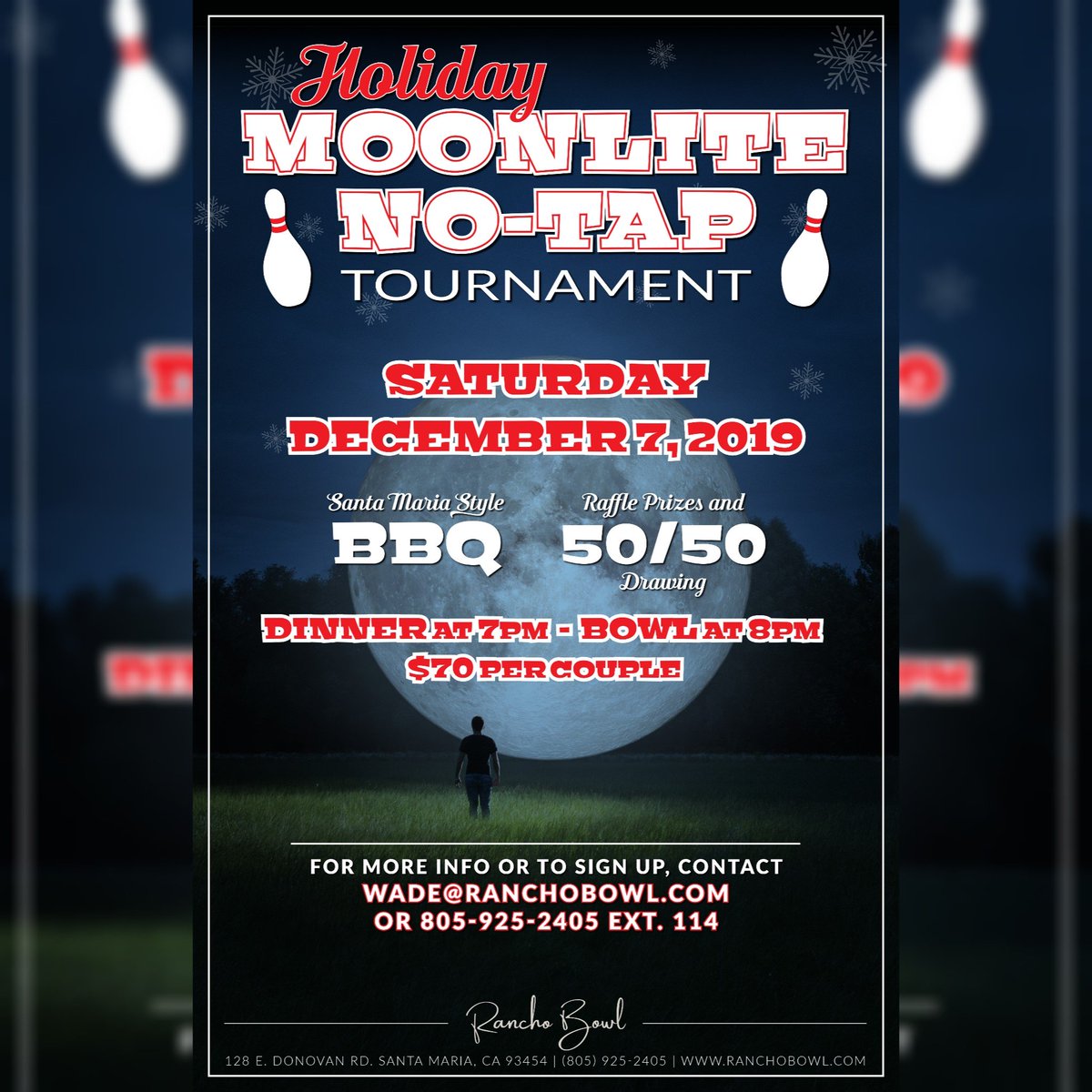 RanchoBowl's tweet photo. The 2019 HOLIDAY MOONLITE NO-TAP! Sign-ups are now available. Join us for a fun and festive night bowling! #HappyHolidays #Bowling #BowlingTournament #NoTap #HolidayMoonlite2019 https://t.co/ioE5WcQQTY