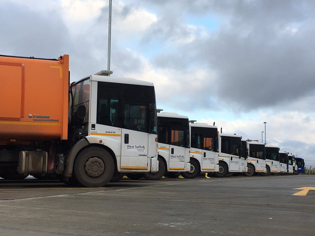 West_Suffolk's tweet photo. #newbinday starts Monday! The West Suffolk waste freighter fleet is all lined ready to go and some crews have been out in their own time, just checking the routes. https://t.co/z0IfFFauKQ