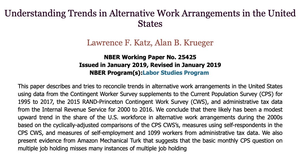 10/Ok, but there's definitely been a rapid rise in the gig economy ... right? Nope. There may (or may not) have been a small rise, but previous estimates were likely over-stated.   https://www.epi.org/publication/nonstandard-work-arrangements-and-older-americans-2005-2017/ +  https://www.nber.org/papers/w25425 
