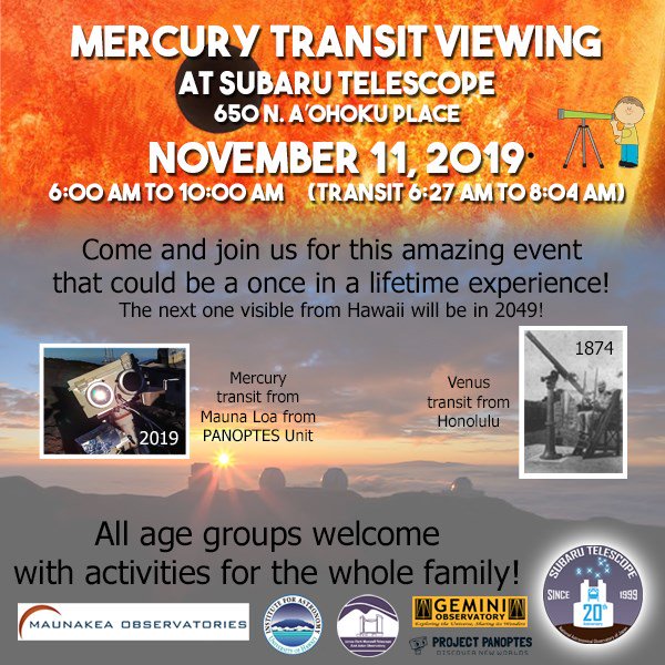 GeminiObs's tweet image. Join us on Monday for viewing the #mercurytransit at Subaru Telescope in Hilo! From 6am to 10am there will be telescopes, educational activities and live streams of the transit. This is a free all ages event. We hope to see you there! #hawaiiastronomy #OIRLab