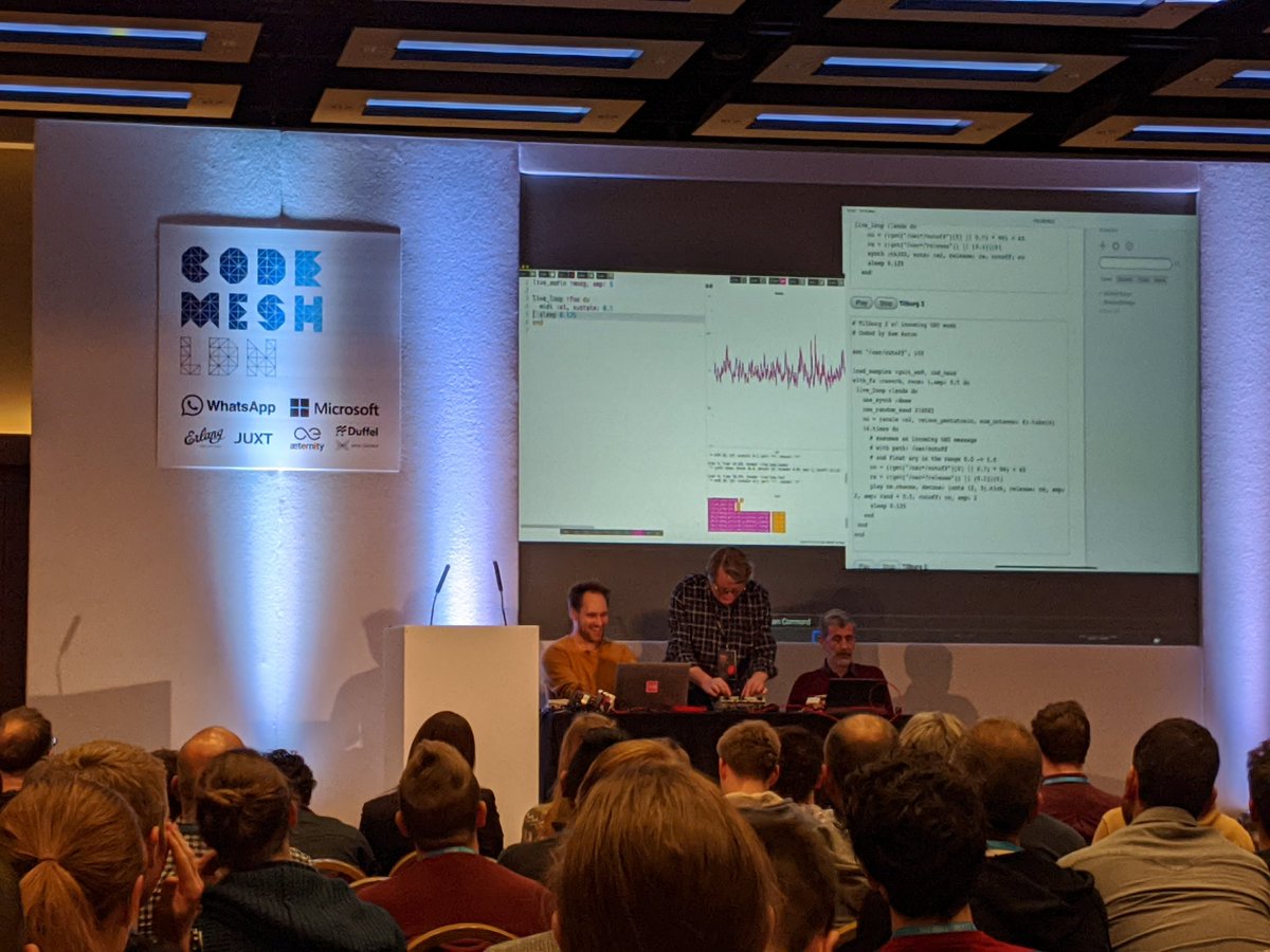 OmerK's tweet image. Kraftwerk, eat your heart out! DJs @samaaron @rvirding and @Jermolene on stage remembering Joe Armstrong with a poignant collaboration #CodeMeshLDN