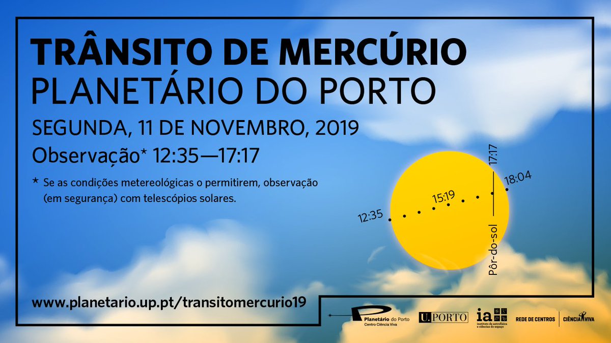 Nesta 2ª feira, Mercúrio passa diante do Sol. Observe o fenómeno com o <a href="/IAstroPT/">IAstro</a>, se as condições meteorológicas o permitirem, a partir das 12h35 e ao longo da tarde, no <a href="/PlanetarioPorto/">Planetário do Porto</a> ou no edifício C1 da <a href="/FC_UL/">eChanges fc.ul.pt</a>
Não olhe para o Sol sem os necessários cuidados de segurança!
