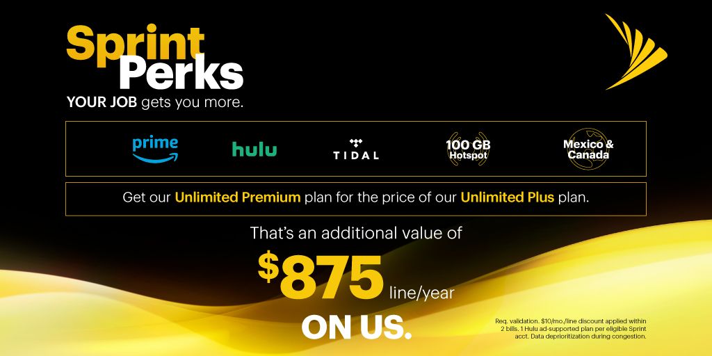 Thanks to the new Sprint Perks YOUR JOB gets you more value. Switch &amp; save $600 your first year over Verizon &amp; get our top-tier Unlimited Premium plan for the price of our mid-tier Unlimited Plus plan – a whopping $875 in value ON US. buff.ly/2JXDMN1