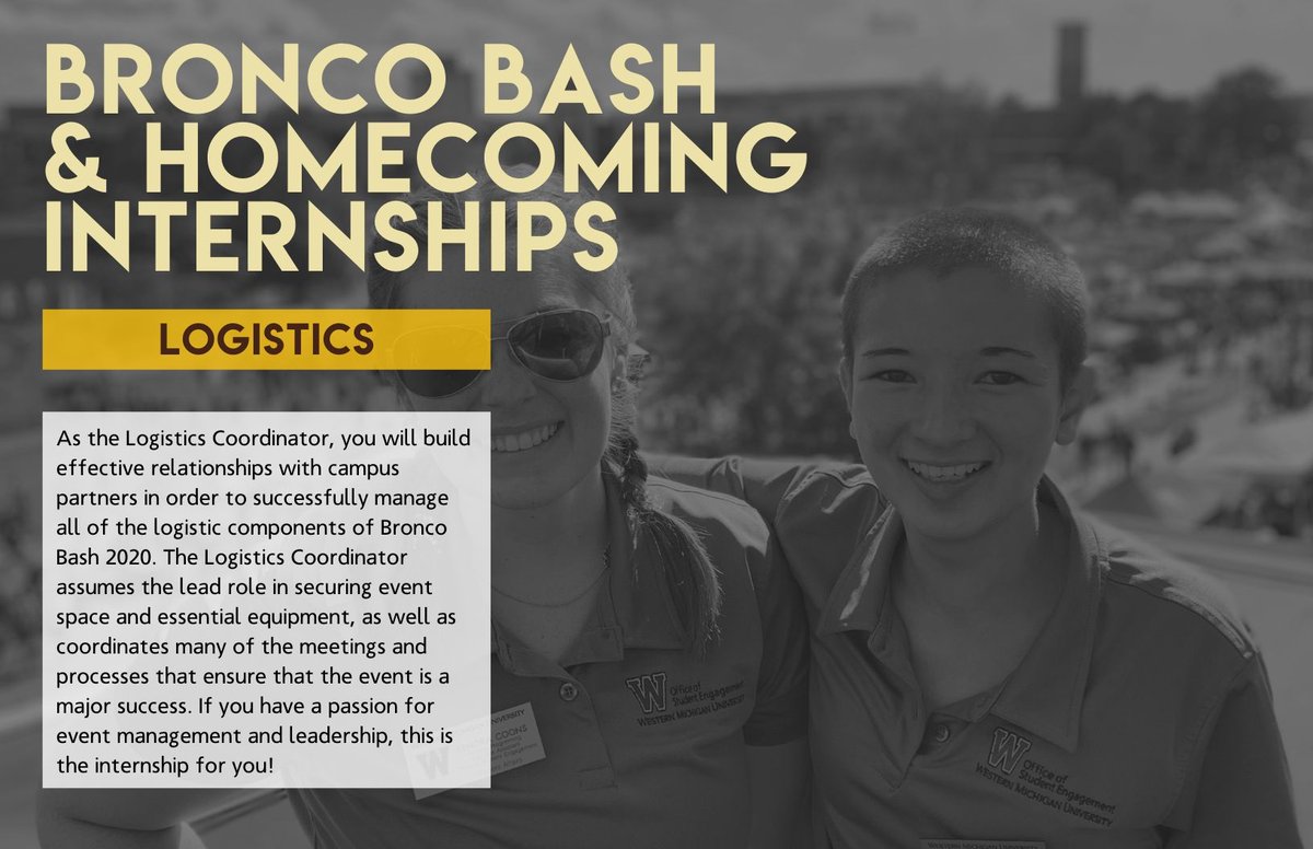 BroncoBash's tweet image. Do you have an eye for event coordination? Then Logistics is the right position for you. The Bronco Bash and Homecoming Logistics intern will be responsible for securing event space, meetings with campus partners and event processes. Click to apply today buff.ly/2BTNQSU