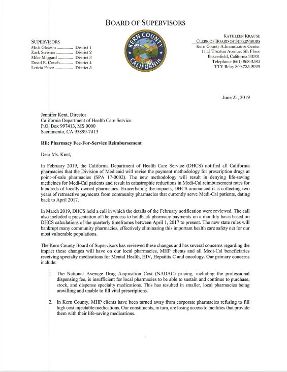 CAPharm's tweet photo. The @CountyofKern Board of Supervisors adds their voice to those urging the Department of Health Care Services to reverse their lower Medi-Cal reimbursement rates. Read their letter 👇 https://t.co/HpdXI4ZbkS