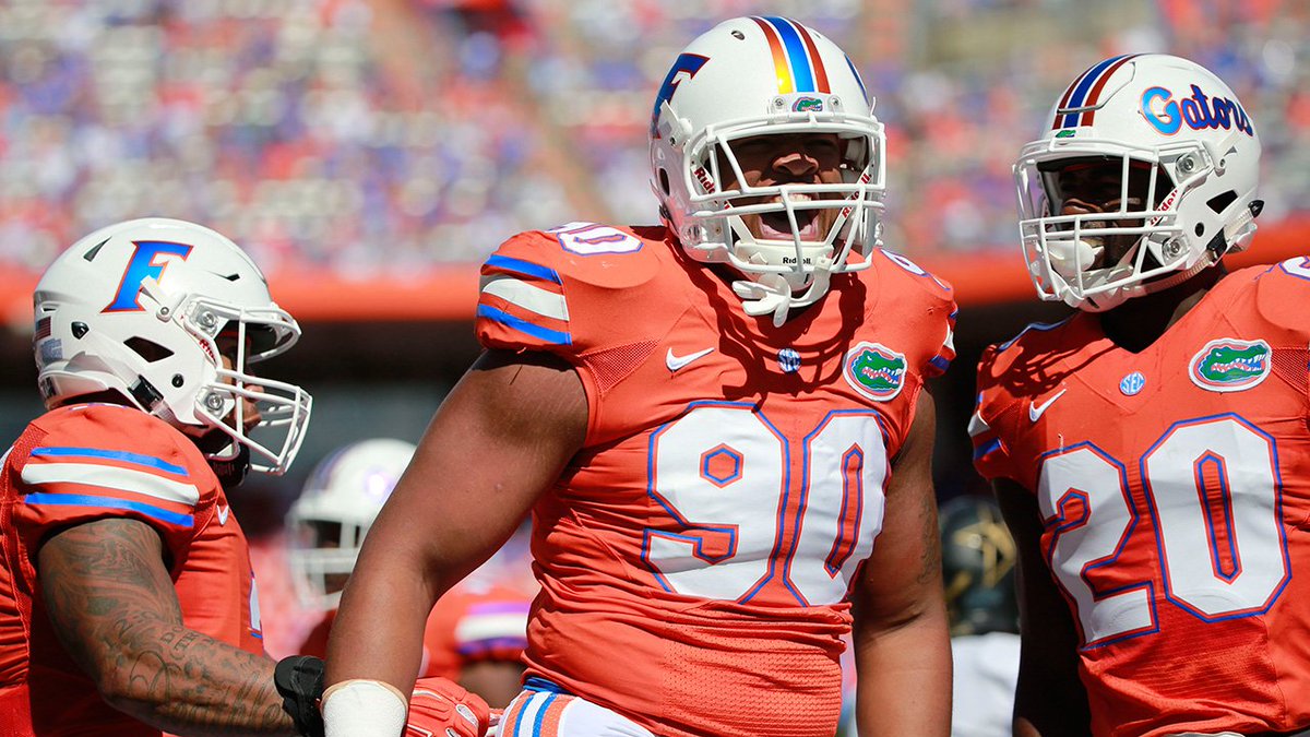 Then, on Nov 7, 2015, Florida revealed new white helmets featuring the traditional script Gators on one side with slant F from the Nike Pro Combat uniforms on the other side. Also new was tapered orange and blue stripes.Florida squeaked out a 9-7 win over Vanderbilt