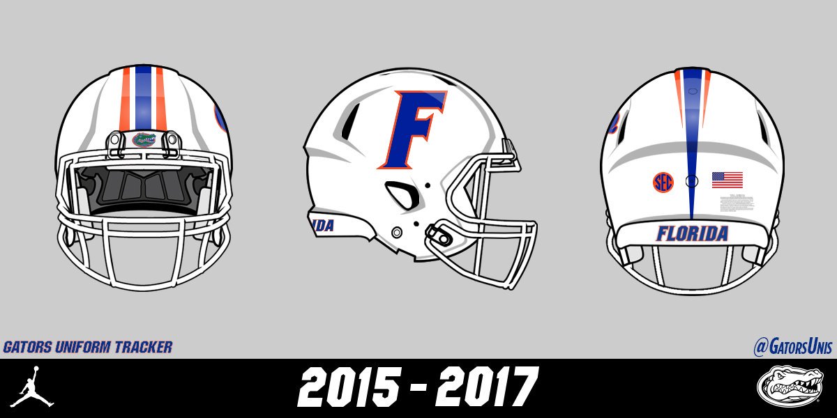 Then, on Nov 7, 2015, Florida revealed new white helmets featuring the traditional script Gators on one side with slant F from the Nike Pro Combat uniforms on the other side. Also new was tapered orange and blue stripes.Florida squeaked out a 9-7 win over Vanderbilt