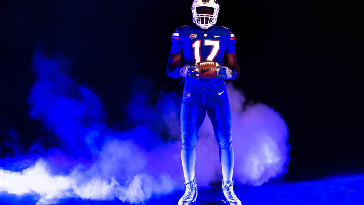 UF opened the 2017 season vs UM in “Color Rush” uniforms. Florida wore an all-blue uniform with all-blue accessories and the white helmet in a 33-17 lossContrary to what many reported, this wasn't a new combo for the Gators as they previously wore the combo against USC in 2016
