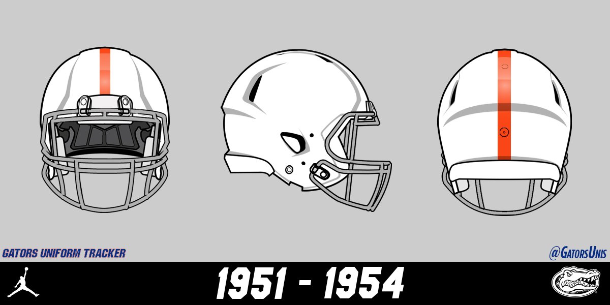 The 1952 season saw white helmets make their permanent debut in a 33-6 win over Stetson. The original white helmets featured a single orange stripe, gray facemasks, and no numbers.Florida would continue to wear this white helmet design for 3 seasons.