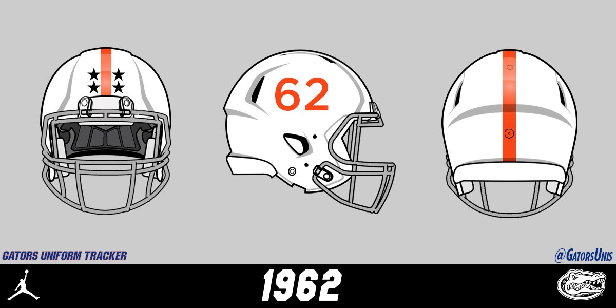 In 1962, Florida added helmet stickers, much like current day Ohio State. These stickers appeared on the front of the helmet as stars.The helmet design also changed to (what appears to be (b/w photos are hard to read)) orange numbers, while keeping the single orange stripe.