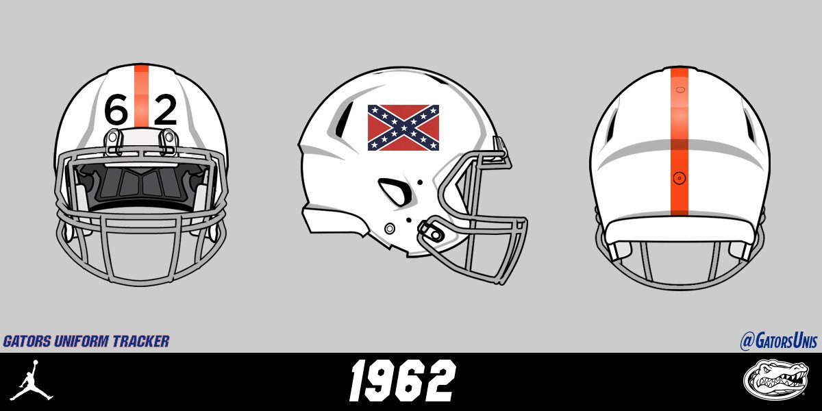 1962 Gator Bowl vs Penn State.“UF was 6-4 and PSU was 9-1. PSU felt that playing Florida was a slap in the face. Since PSU felt that way, Florida put Battle Flags on the side of the helmet to pump the team up.” –  http://Nationalchamps.net Florida won 17-7