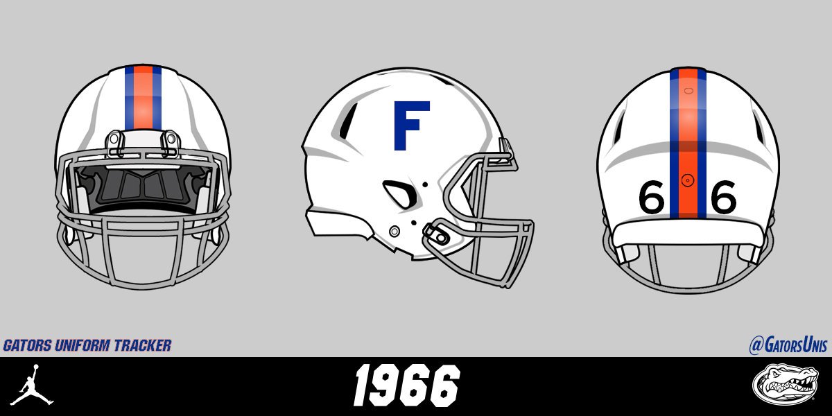 After a 3yr hiatus, the 1966 season featured the white helmets Florida fans most often recognize; Spurrier’s block F with a B/O/B stripe. This same helmet design was replicated in the 2006 throwbacksFlorida finished the season 9-2 and Spurrier walked away with a Heisman trophy.