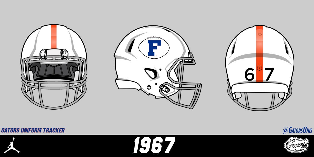 The 1967 season was arguably the most complicated uniform season for the Gators. The season featured 3 different helmets:Orange stripe, football FB/O/B strip, football FB/O/B stripe, black numbers