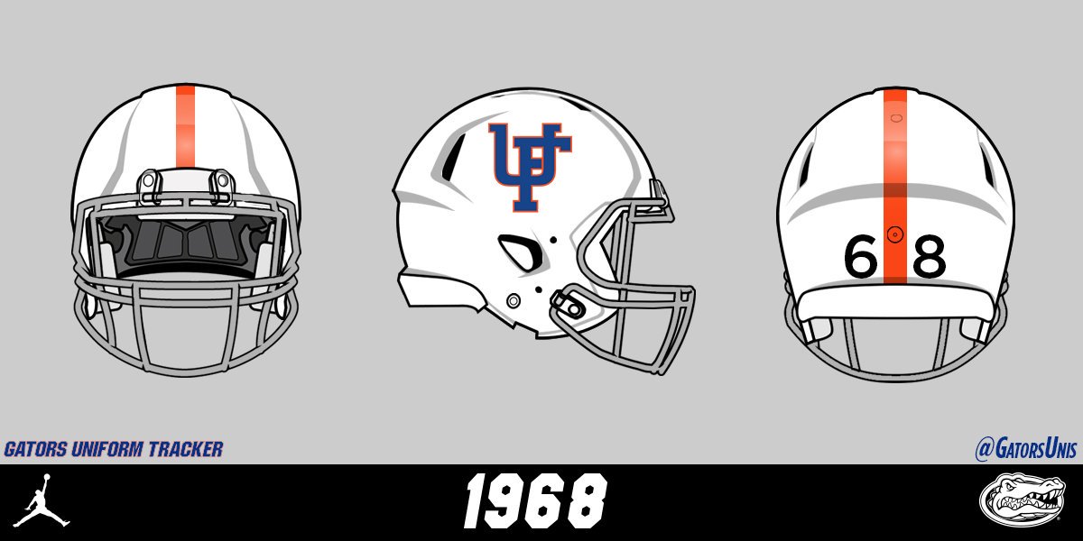 1968 was the first appearance of the interlocking UF logo on Florida’s helmets (later worn on orange helmets).