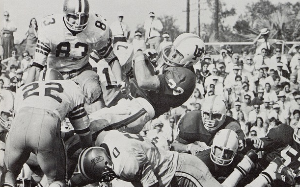 1968 was the first appearance of the interlocking UF logo on Florida’s helmets (later worn on orange helmets).