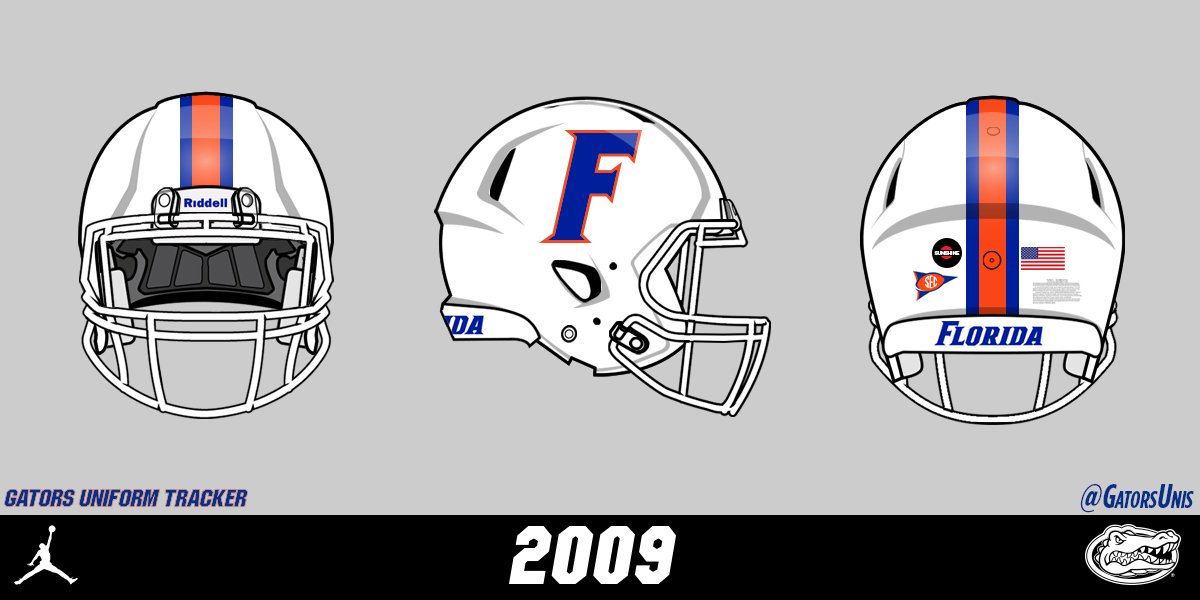 Then, in Tebow’s final game in The Swamp, Florida debuted new look white helmets for the 2009 Nike Pro Combat uniforms.“Nike designers immersed themselves in Gators’ history and lore to bring inspiration cues to the look and direction of the uniforms” -  http://FloridaGators.com 