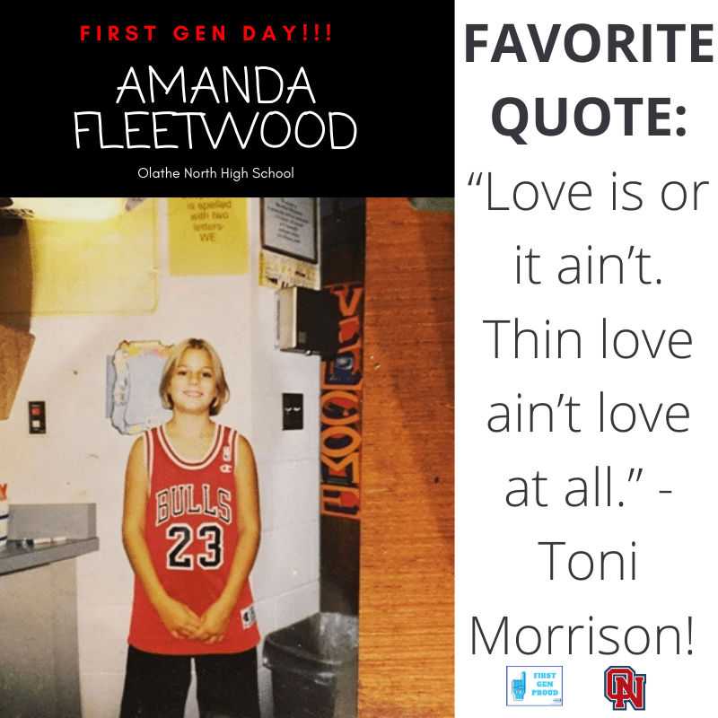 OlatheNorthCCC's tweet photo. Ms. Fleetwood is our next First Gen for #FirstGenDay! Her favorite quote is "Love is or it ain't. Thin love ain't love at all." by Toni Morrison. #CACFirstGen #FlashbackFriday https://t.co/a9WmijxdQV