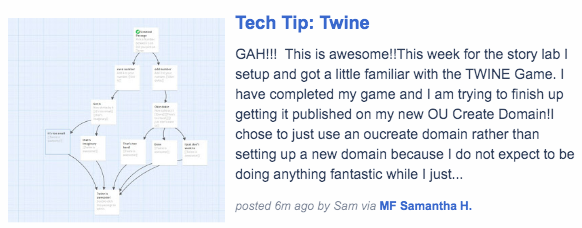 excitement about Twine <a href="/twinethreads/">Twine</a> from one of my students who did that as a story tech experiment this week; screenshot from blog stream below.
I would say "GAH!!! This is awesome!!" is about as good as it gets :-)
hatchmyths.blogspot.com/2019/11/tech-t…
and thank you <a href="/OU_Create/">OU Create</a> for webspace!