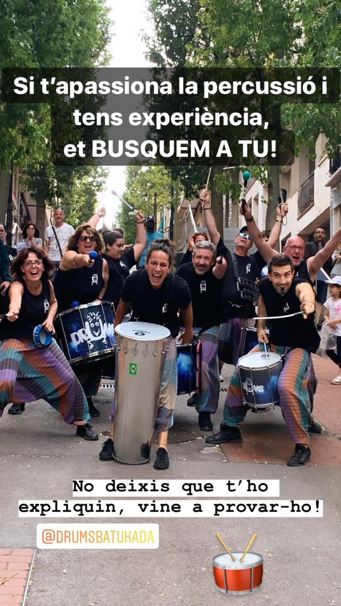 Busquem noves incorporacions.<a href="/DrumsEsplugues/">Drums Batukada</a> #salutiritme #drums #percussio #batucada