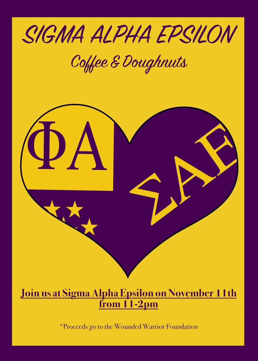 Hey everybody! The boys of SAE WA Beta will be hosting a philanthropy event THIS MONDAY from 11am - 2pm @ SAE. We will be selling coffee ☕️ and doughnuts 🍩 😋. As good as that sounds, what’s even better is that all proceeds will go towards the Wounded Warrior Foundation!