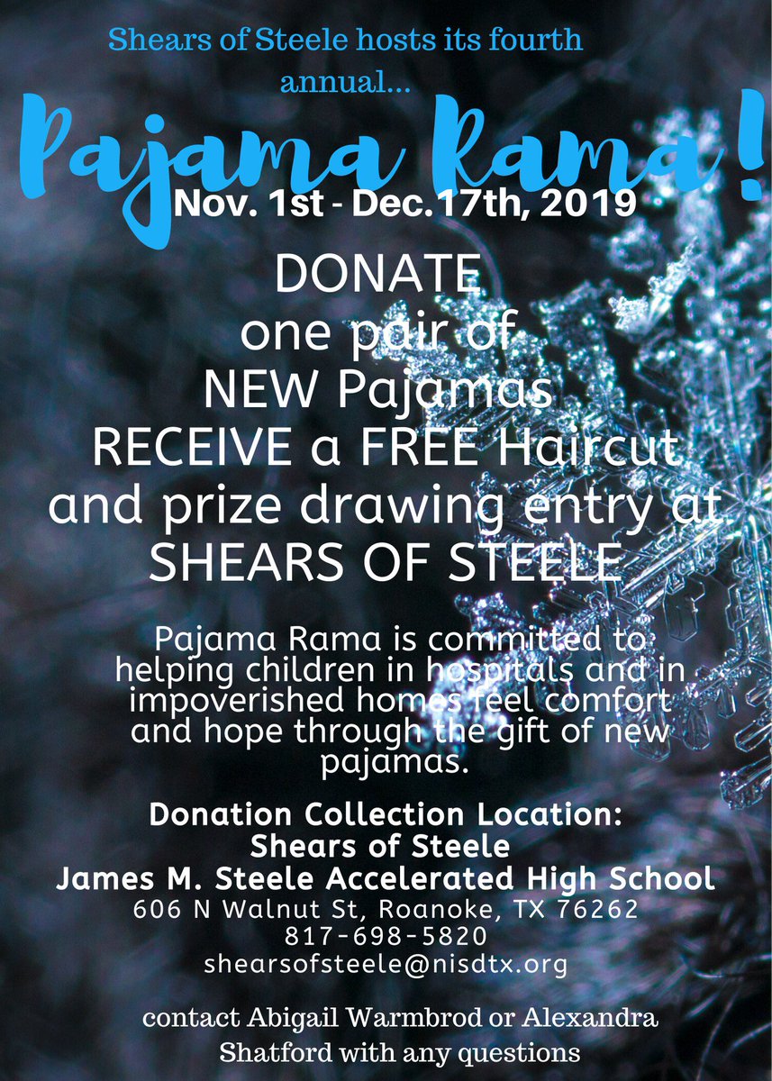 blacksteele01's tweet photo. Hello! This year is the 4th annual Pajama Rama Drive at Shears of Steele. We are trying to get pajama donations to help support those in need for the holidays. If you have any questions you can contact me at abigailgrace.warmbro@student.nisdtx.org @NISDCosmetology @NorthwestISD https://t.co/eDL9vNj2kJ