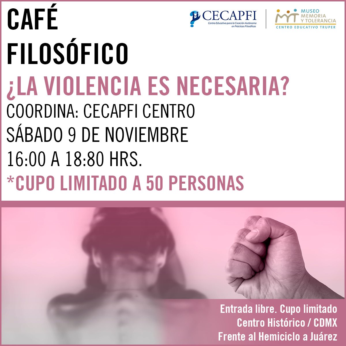 CECAPFI CENTRO (@cecapficentro) on Twitter photo Mañana los esperamos en el <a href="/MuseoMyT/">Museo Memoria y Tolerancia</a> La entrada es libre.
Dialoguemos sobre un tema que nos ocupa a todos Mañana los esperamos en el <a href="/MuseoMyT/">Museo Memoria y Tolerancia</a> La entrada es libre.
Dialoguemos sobre un tema que nos ocupa a todos
