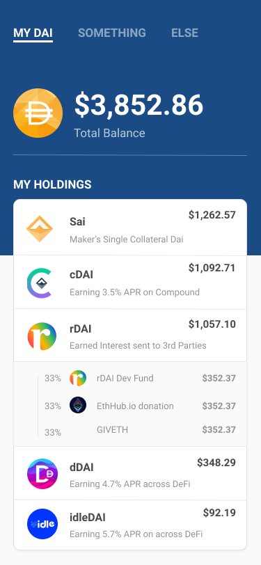 A rough concept for an overview of your Dai and Dai-related holdings. Put your money to work from one interface: @MakerDAO Dai and Sai @compoundfinance cDAI earning interest @rDAI_dao rDAI donating earned interest @Dexwallet and @idlefinance for auto-rebalanced assets