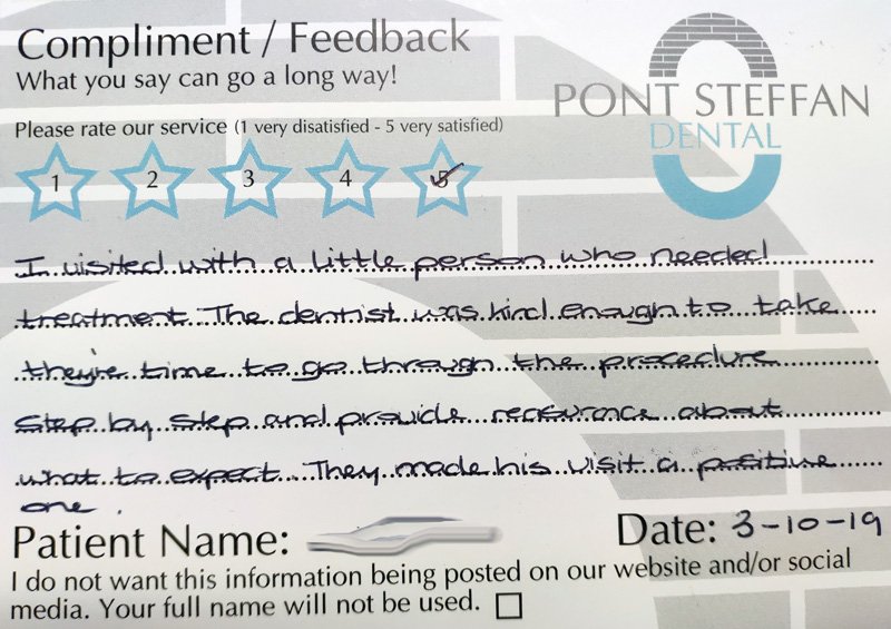 "I visited with a little person who needed treatment. The dentist was kind enough to take they're time to go through the procedure step by step and provide reassurance about what to expect. They made his visit a positive one."

#Dentist #Lampeter #Ceredigion #ChildrenDentistry