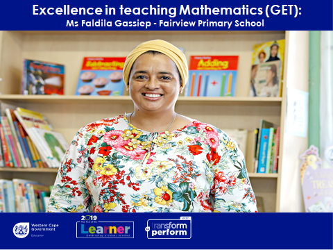 WCEDnews's tweet photo. Wonderful to announce the winner of the Excellence in teaching Mathematics (GET) award at the 2019 Provincial Teaching Awards - Ms Faldila Gassiep - Fairview Primary School #QualityEducation https://t.co/z8rk1mG2dR