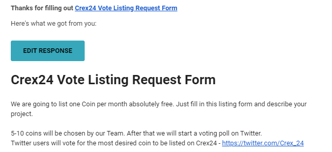 CoinElliot's tweet image. We have just sent a form to participate in voting for listing on Crex24 ()