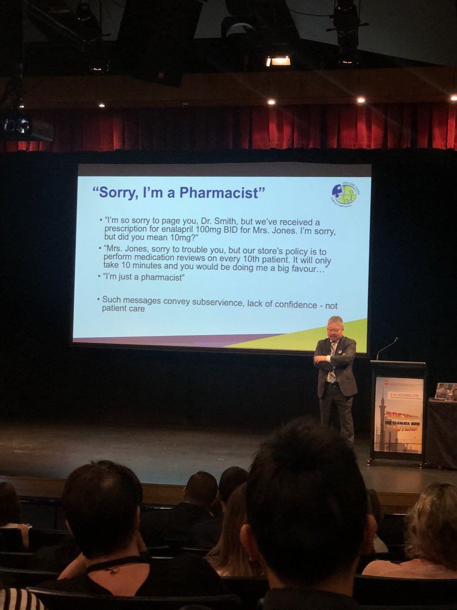 THIS. 🤦🏻‍♀️ We must value and respect ourselves as pharmacists before others will - stop apologising for practicing our profession! <a href="/Ross_Tsuyuki/">Ross Tsuyuki, BSc(Pharm), PharmD, MSc, FACC, FCAHS</a> <a href="/NZHPAconf19/">NZHPAconf19</a>