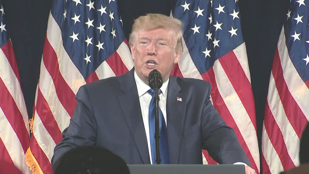 markknoller's tweet photo. Taking the stage, Pres asks audience whether they prefer group's name as "Blacks for Trump" or "African Americans for Trump." Audience chants "Blacks for Trump." Pres tells Atlanta event, he's going to "campaign for every last African American vote in 2020." https://t.co/u1YtHLla62