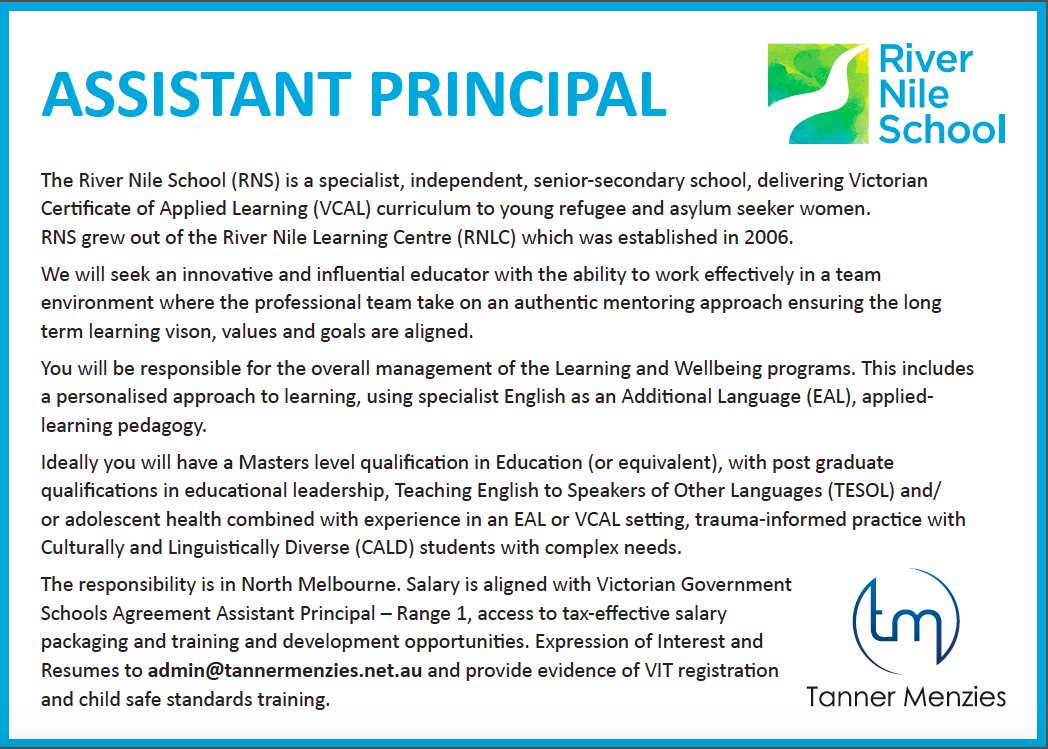 There's a unique educational leadership role coming up at the River Nile School! 
#education #leadership #empoweringothers #EAL #VCAL  
Expressions of Interest to admin@tannermenzies.net.au 
Applications close 30 November
seek.com.au/job/40349584?s…