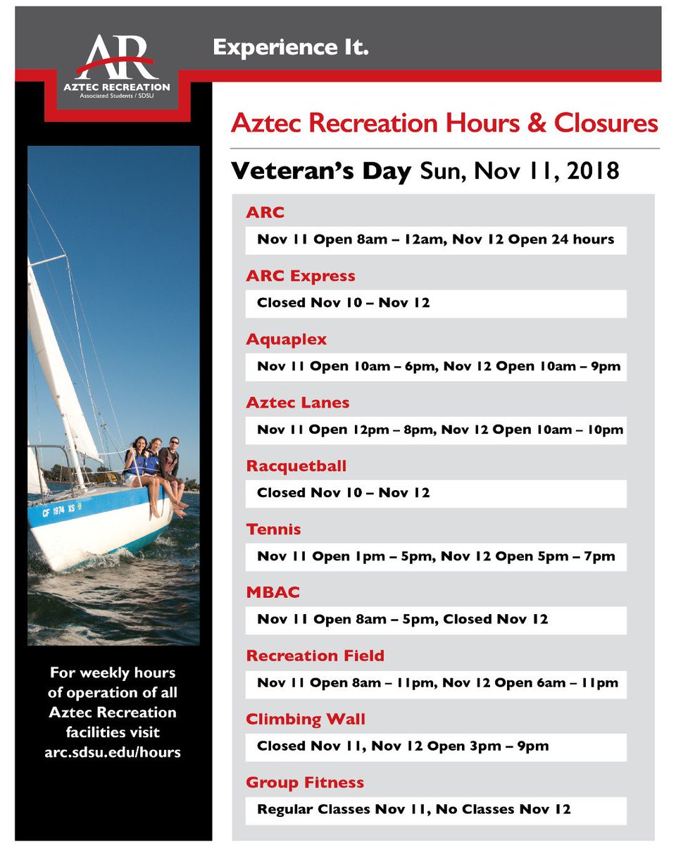 Happy #VeteransDay weekend! The ARC is open Mon, Nov 11, but there no Group Fitness classes and some facilities are closed for the weekend. Visit the "Hours" tab in our bio to view facility hours for the weekend. #AztecRec #SDSU